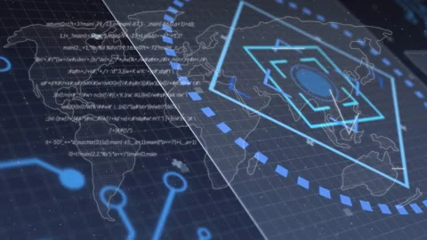System initiating code streaming above map grid, hexagon rotating and scanning Stock Footage 309677911