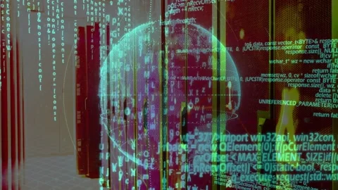 System initiating overlay, wireframe globe hovering over racks, code cascading Stock Footage 332577526