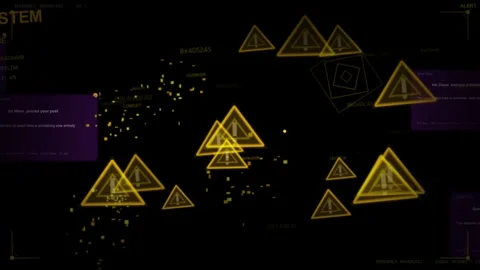 SYSTEM initiating yellow alert triangles spawning pulsing forming overlay Stock Footage 335479552