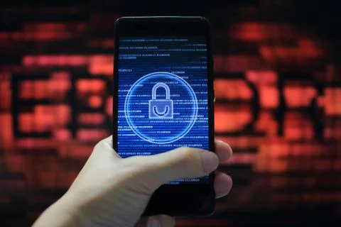 System integrity working while other pass down. hand holding mobile phone wit Illustrazione stock