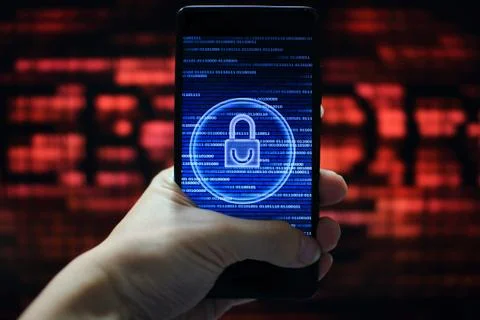 System integrity working while other pass down. hand holding mobile phone wit Stock Photos