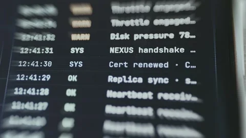 System log screen tracking server operations, heartbeats and database Stock Footage 335486438