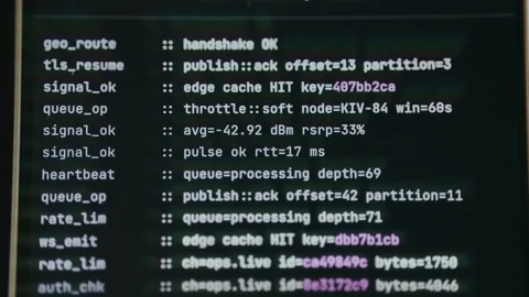 System log showing technical metrics related to network connectivity, data Stock Footage 333853407
