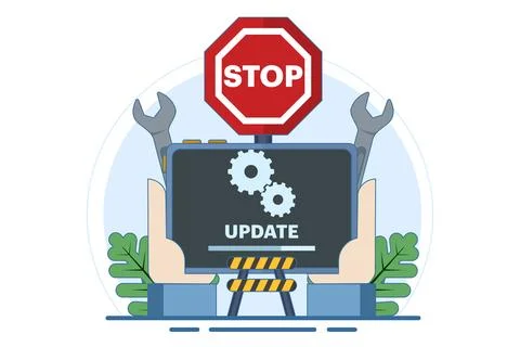System maintenance concept, Error, Fix problems, Device update, Software update. Ilustración de archivo