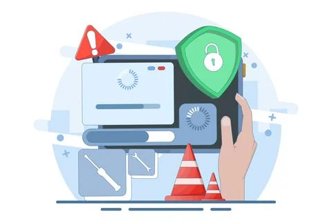 System maintenance concept, Error, Fixing problems, Device update. Stockillustratie