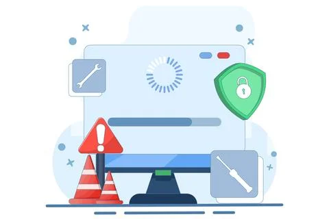 System maintenance concept, Error, Fixing problems, Device update. Stock Illustration