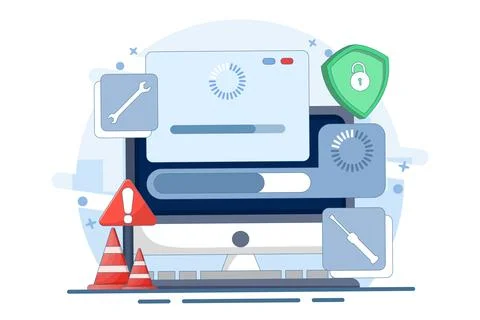 System maintenance concept, Error, Fixing problems, Device update. Stockillustratie