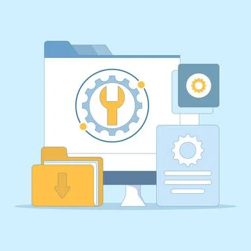 System maintenance concept, Errors, Fixing problems, Device updates. 스톡 일러스트