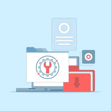 System maintenance concept, Errors, Fixing problems, Device updates. 스톡 일러스트