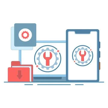 System maintenance concept, Errors, Fixing problems, Device updates. 스톡 일러스트