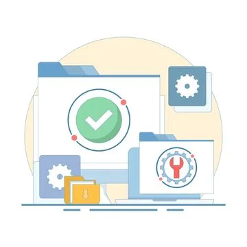 System maintenance concept, Software system under maintenance. Stock Illustration
