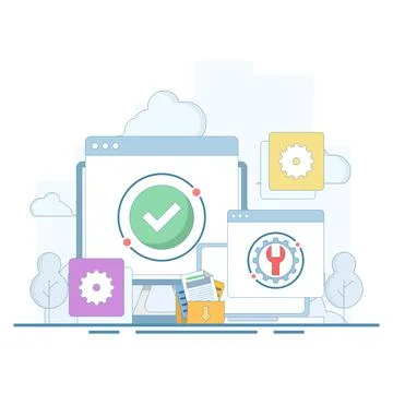 System maintenance concept, Software system under maintenance. Stock Illustration