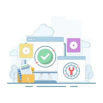 System maintenance concept, Software system under maintenance. Stock Illustration