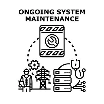 System maintenance operations a technician, server racks, a power pylon, and  Stock Illustration