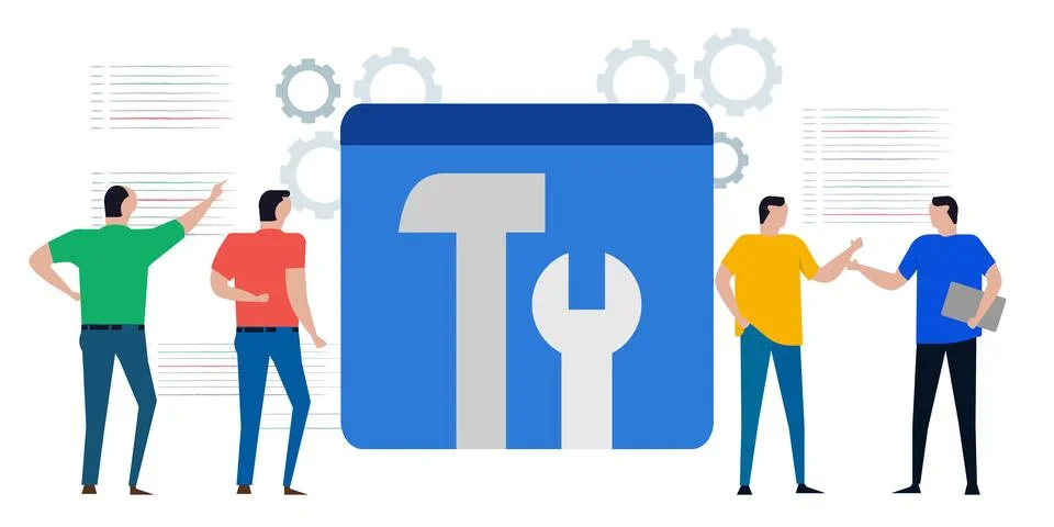 System maintenance symbol tools fixing wrench screwdriver team people Stock Illustration