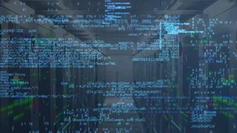 System monitoring sending code overlay over data center aisle, cascading, Stock Footage 332566575