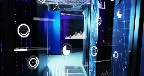 On system poll server aisle showing HUD overlays gauges filling graphs rising Stock Footage 328700671