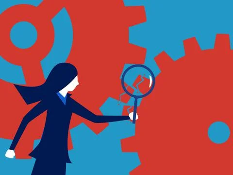 System problems. Businesswoman checking broken gear mechanism 스톡 일러스트