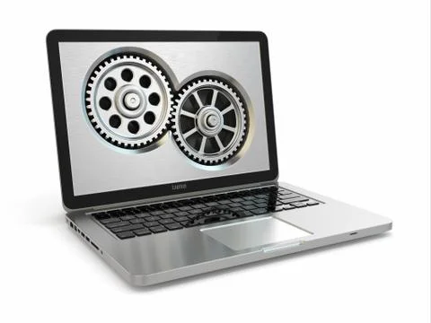 System properties concept. laptop and gears. Stock Illustration