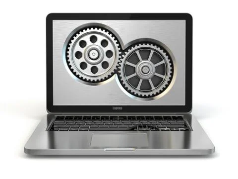 System properties concept. laptop and gears. Illustrazione stock
