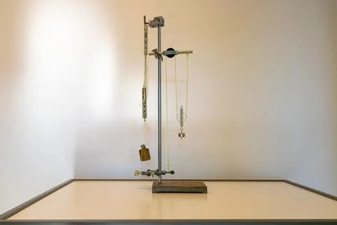 System of pulleys, ropes and weights in physics class Stock Photos