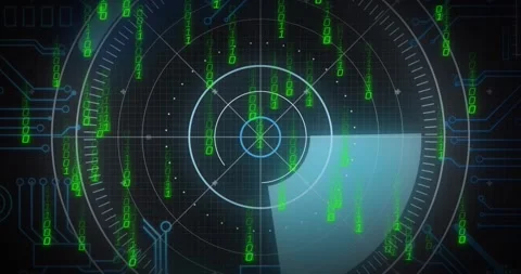 On system pulse, circular HUD rotating with sweep and falling binary columns to Stock Footage 329533588