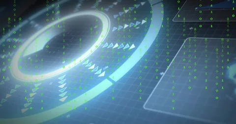 On system pulse holo ring rotating, arrow markers cascading outward, binary Stock Footage 329505094