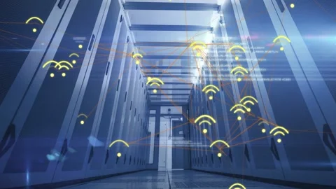 On system pulse, yellow icons appearing in server racks, drifting and linking, Video stock 333336062