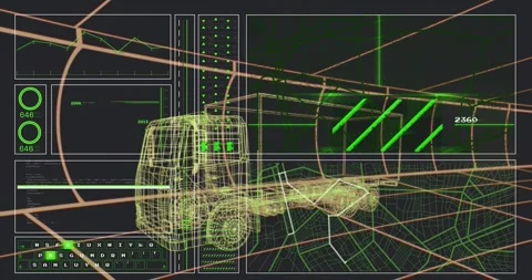 System receiving data input event activating wireframe truck HUD overlay bars Stock Footage 320088954