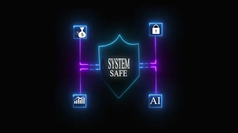 System safe security shield with ai icon and financial symbols, Neon blue p.. Stock Footage 332165801