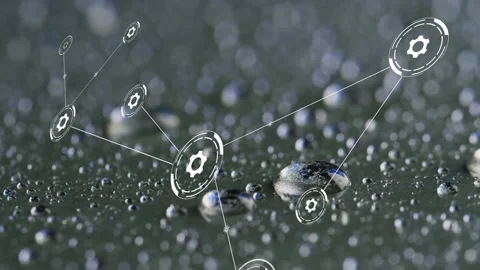 System scan initiating tech HUD network appearing above wet surface mapping Vídeo Stock 333301153