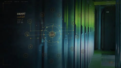 System scan starting, HUD expanding rings and hex nodes pulsing lighting racks Stock Footage 335424841