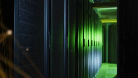 System scan starting left, golden mesh expanding across data center racks, Stock Footage 333975241