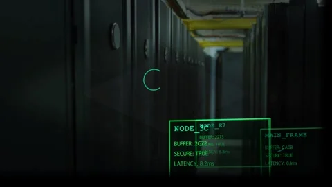 System scanning server aisle, HUD overlays sliding across racks updating node Video stock 332542905