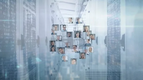 System scanning server cabinets forming tech network with animated headshot Stock Footage 327200962
