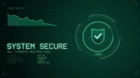 SYSTEM SECURE screen with green shield and check mark, HUD interface Stock Illustration