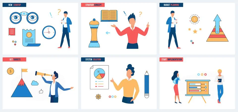 System solutions for budget planning, startup implementation strategy set and Stock Illustration