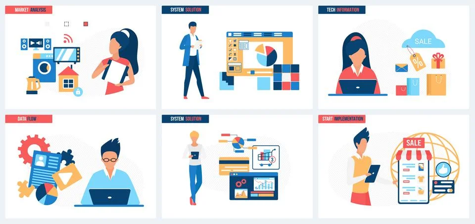 System solutions, data flow for market analysis, technical information and tiny Illustrazione stock