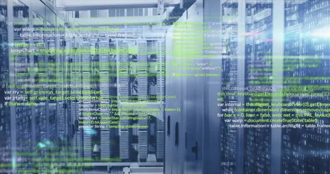 On system start, 3D server aisle unchanged, green code streams drifting and Stock Footage 314791066