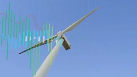 On system start wind turbine spinning clockwise while data bars rising, moving Stock Footage 335739550