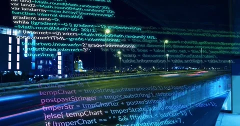 System starting code overlay over night highway, light trails moving, code Stock Footage 327803384