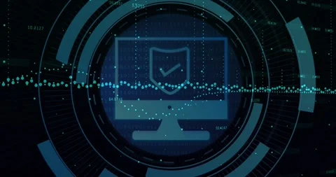 System starting as data feed firing HUD rings, monitor shield aligning waveform, Stock Footage 333902739