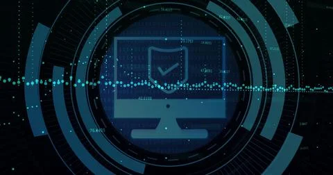 System starting as data feed firing HUD rings, monitor shield aligning waveform, 스톡 일러스트