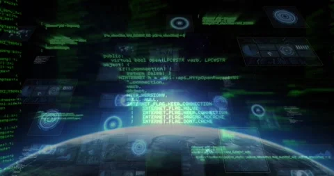 System starting scan, processing code above Earth, lifting view revealing flare Stock Footage 317227618