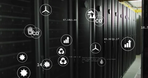 On system startup CO2, growth, sensor icons rising shifting across dim server Vídeo Stock 310637387
