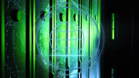 On system startup holographic globe emerging on server rack, cyber security HUD Stock Footage 332772240