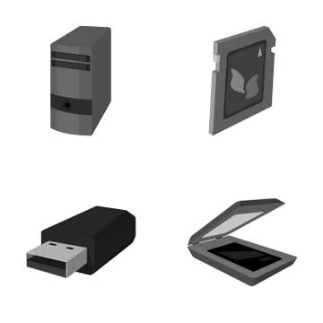 A system unit, a flash drive, a scanner and a SD card. Personal computer set Stock Illustration