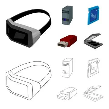 A system unit, a flash drive, a scanner and a SD card. Personal computer set Stock Illustration