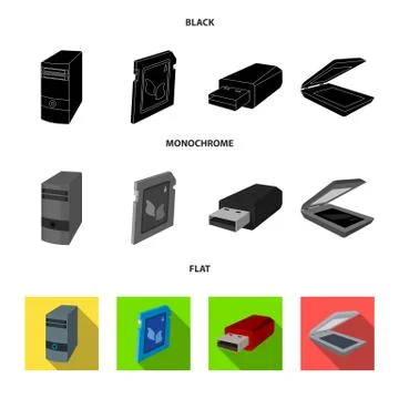 A system unit, a flash drive, a scanner and a SD card. Personal computer set Illustrazione stock