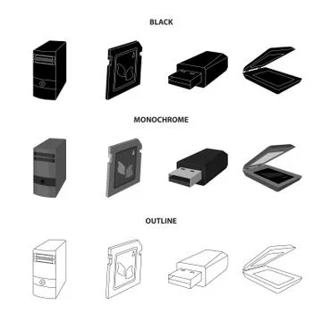 A system unit, a flash drive, a scanner and a SD card. Personal computer set Stock Illustration